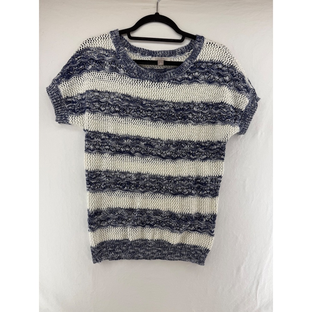 Roz & Ali Women Navy Blue White Striped Open Knit Short Sleeve Sweater Top Small